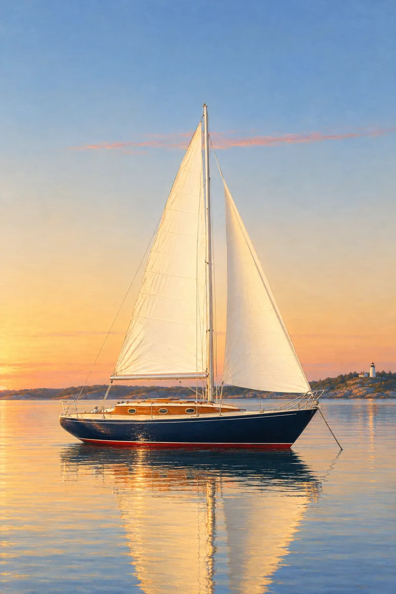 The sample sloop painted in the Luminist style: glassy still water, a pale gold haze, her hull, sails and rig as photographed