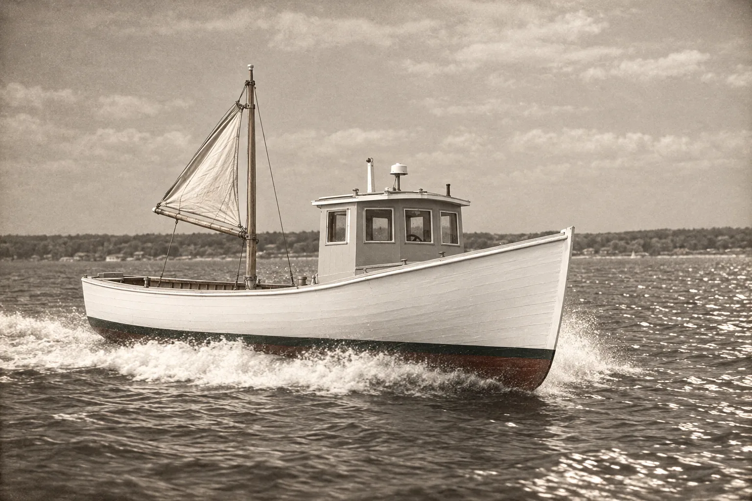 The Downeaster painted broadside in the Cowes 1895 style: Your boat, at full speed off Cowes, 1895
