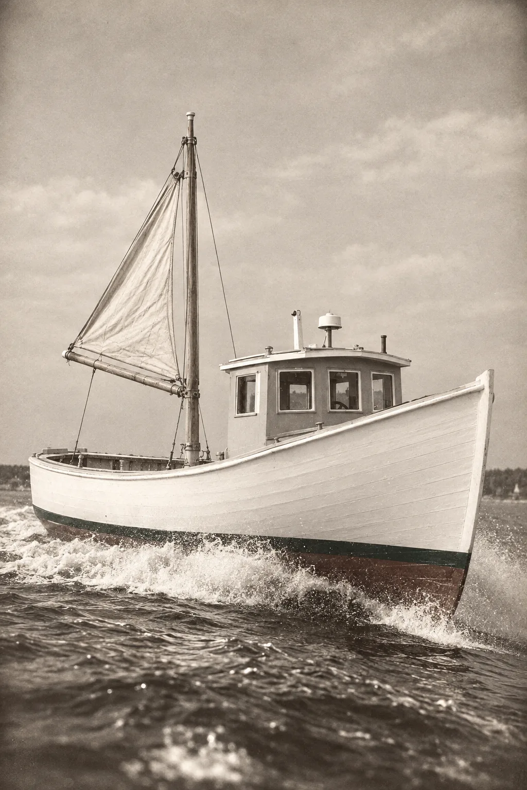 The Downeaster painted in the Cowes 1895 style: Your boat, at full speed off Cowes, 1895