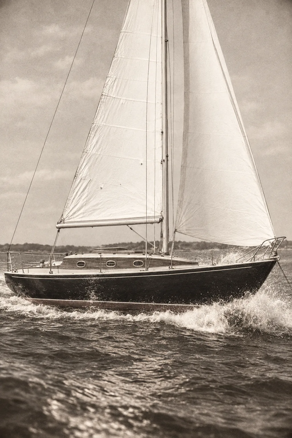 The Sloop painted in the Cowes 1895 style: Your boat, at full speed off Cowes, 1895