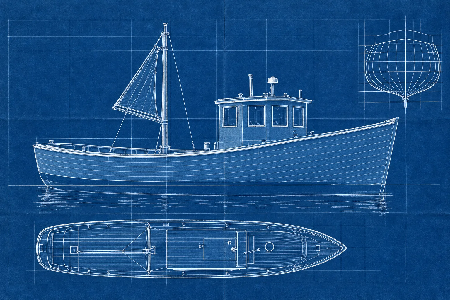 The Downeaster painted broadside in the Cyanotype 1910 style: Your boat, in white line on yard blue