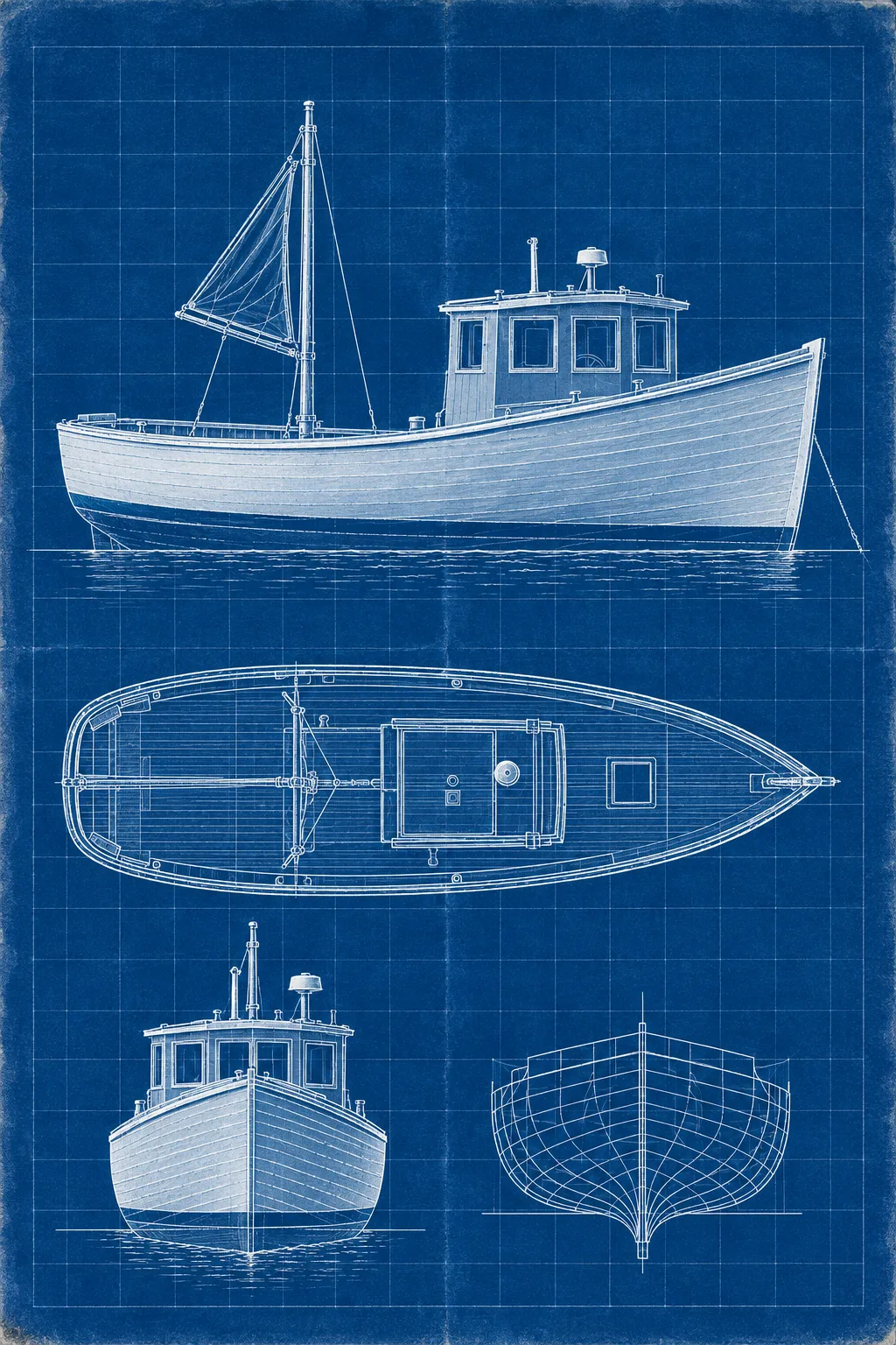 The Downeaster painted in the Cyanotype 1910 style: Your boat, in white line on yard blue
