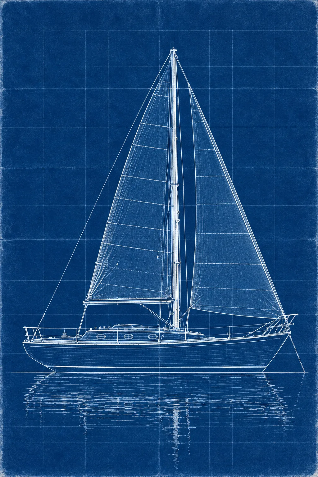 The Sloop painted in the Cyanotype 1910 style: Your boat, in white line on yard blue