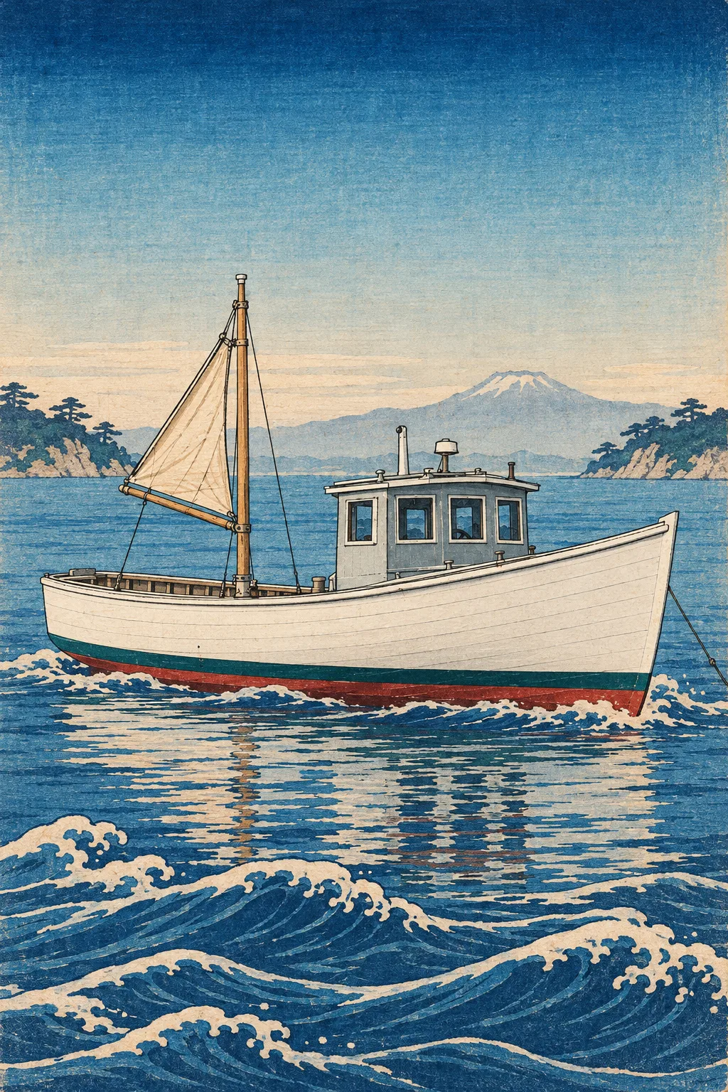 The Downeaster painted in the Edo Woodblock style: Your boat, cut in cherry wood and Prussian blue
