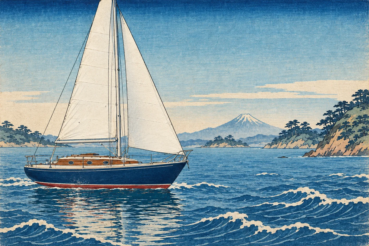 The Sloop painted broadside in the Edo Woodblock style: Your boat, cut in cherry wood and Prussian blue