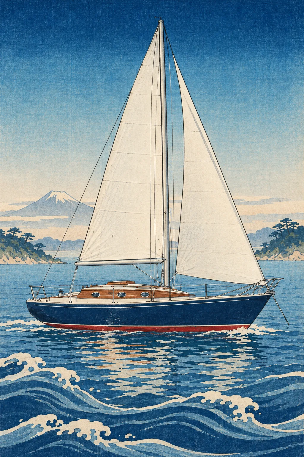 The Sloop painted in the Edo Woodblock style: Your boat, cut in cherry wood and Prussian blue