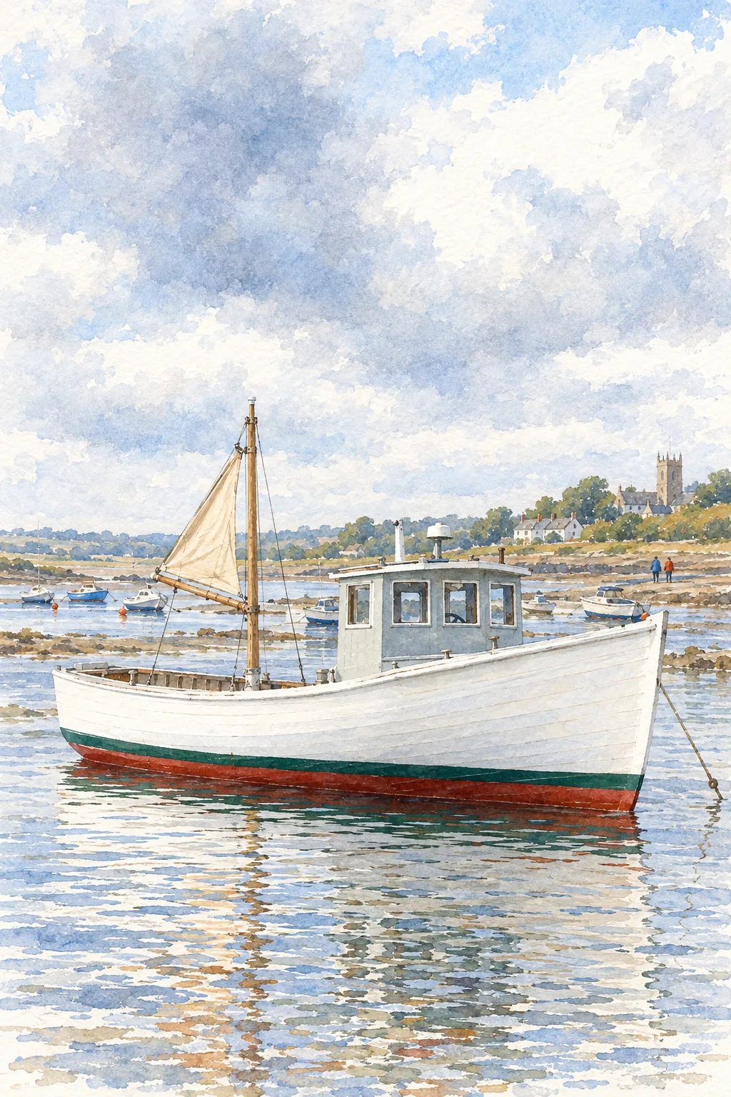 The Downeaster painted in the Harbour Watercolour style: Your boat, on her mooring at slack water
