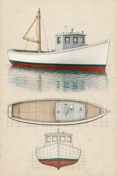 The Downeaster, Lines Plan, framed on a study wall