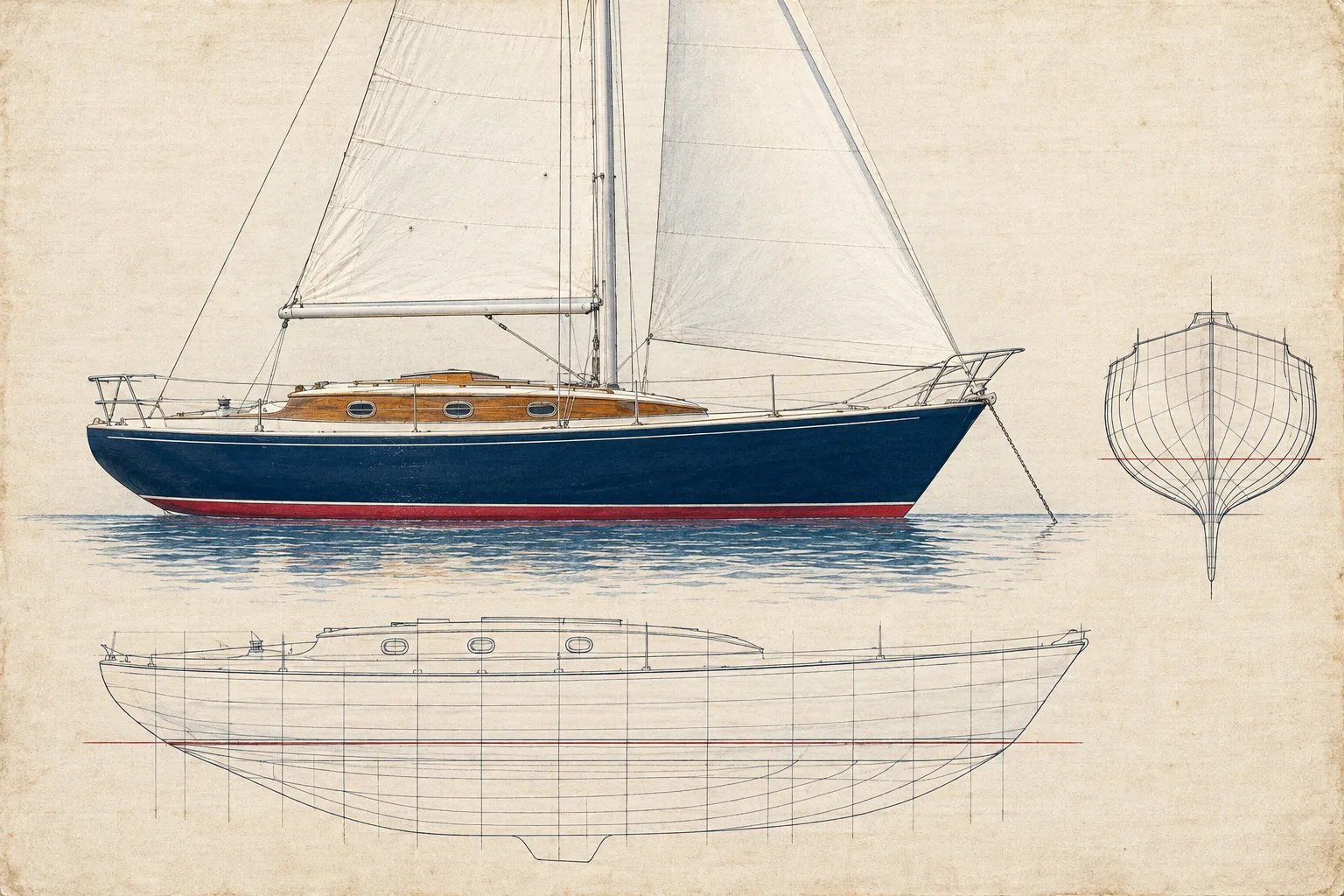 The Sloop painted broadside in the Lines Plan style: Your boat, drawn broadside on the linen