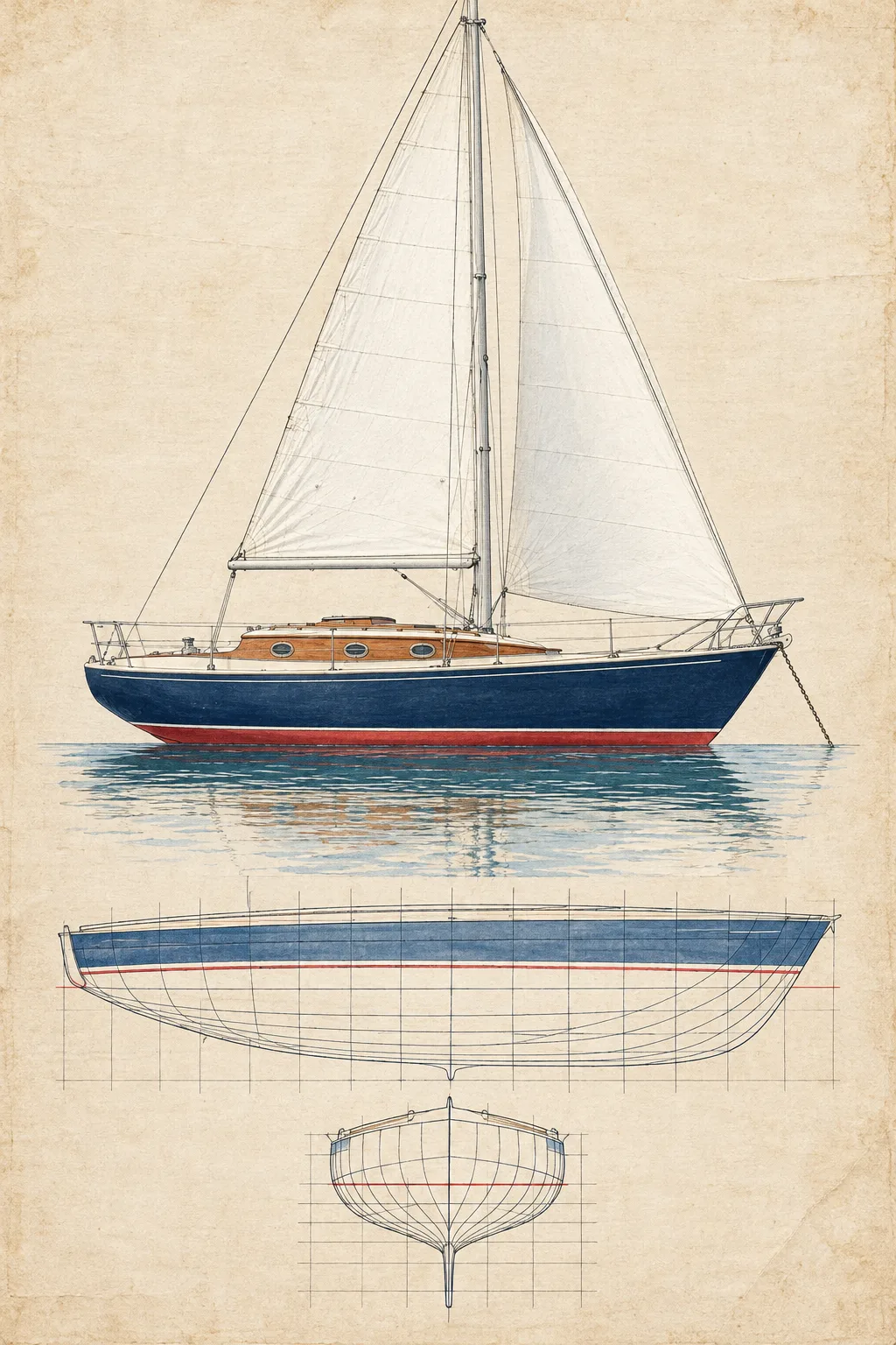The Sloop painted in the Lines Plan style: Your boat, drawn as her designer drew her