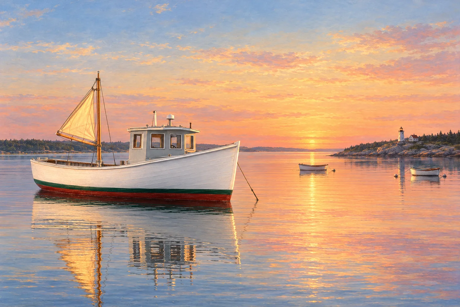 The Downeaster painted broadside in the Luminist 1860 style: Your boat, on glass water at the last light