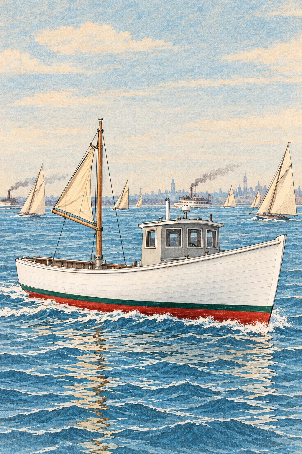 The Downeaster painted in the Regatta Lithograph 1887 style: Your boat, racing in a hand-coloured lithograph