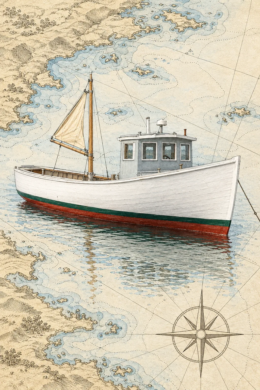 The Downeaster painted in the On The Chart style: Your boat, sailing across a sea chart