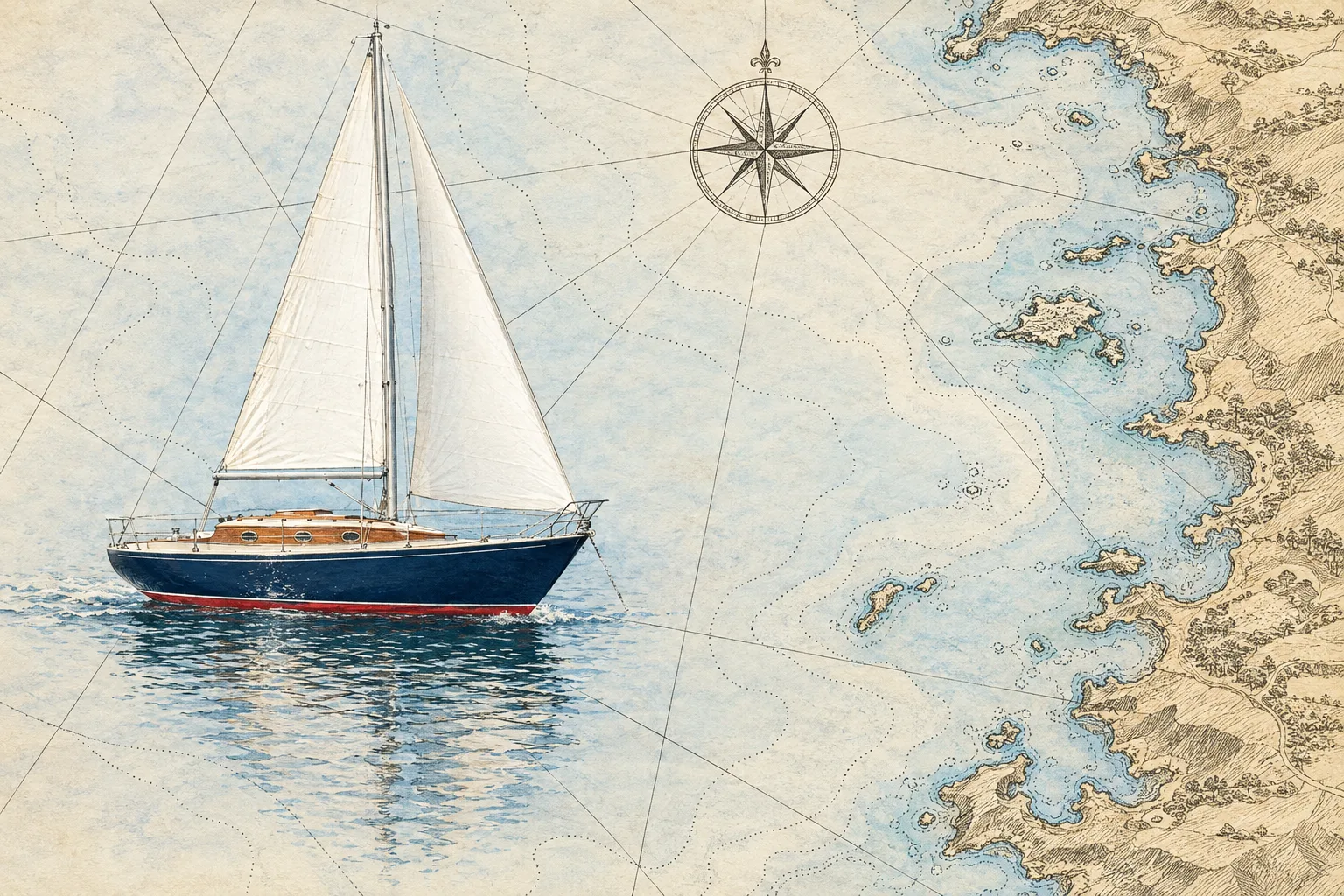 The Sloop painted broadside in the On The Chart style: Your boat, sailing across a sea chart