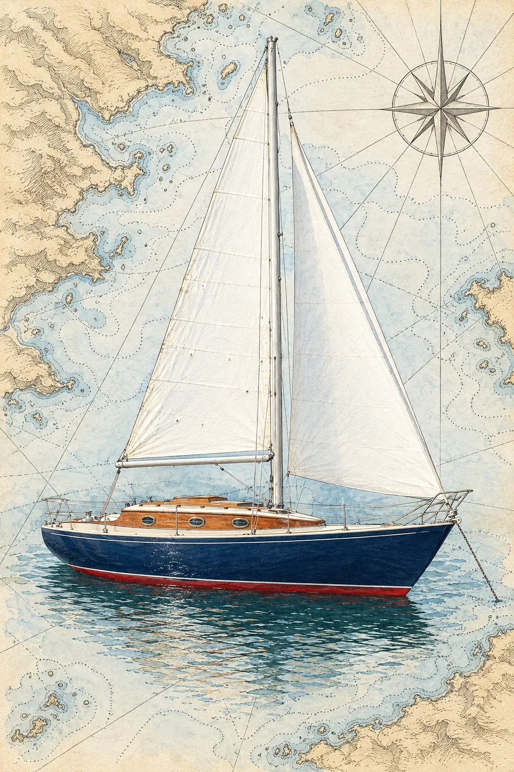 The Sloop painted in the On The Chart style: Your boat, sailing across a sea chart