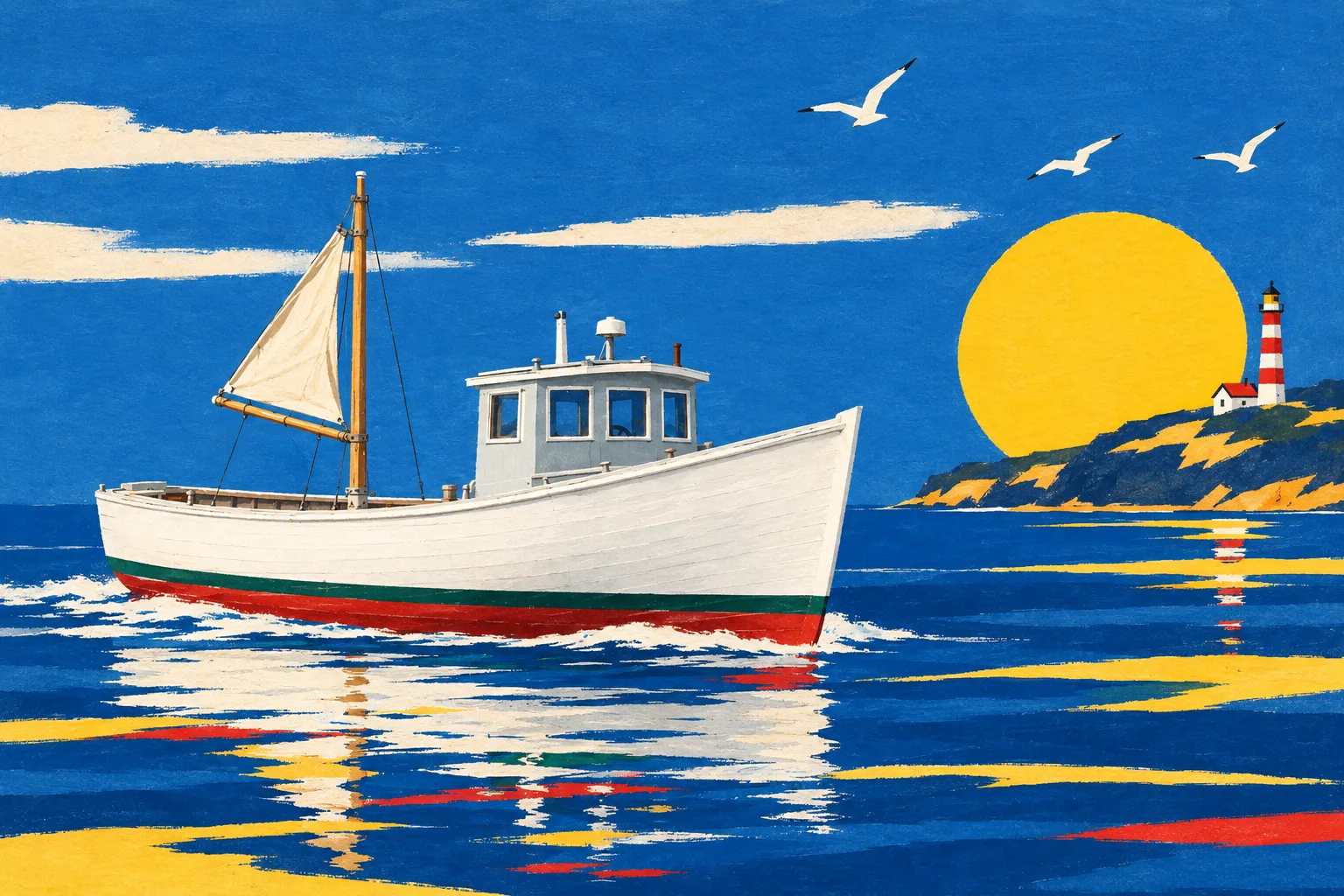 The Downeaster painted broadside in the Signal Gouache style: Your boat, in the colours of the signal locker